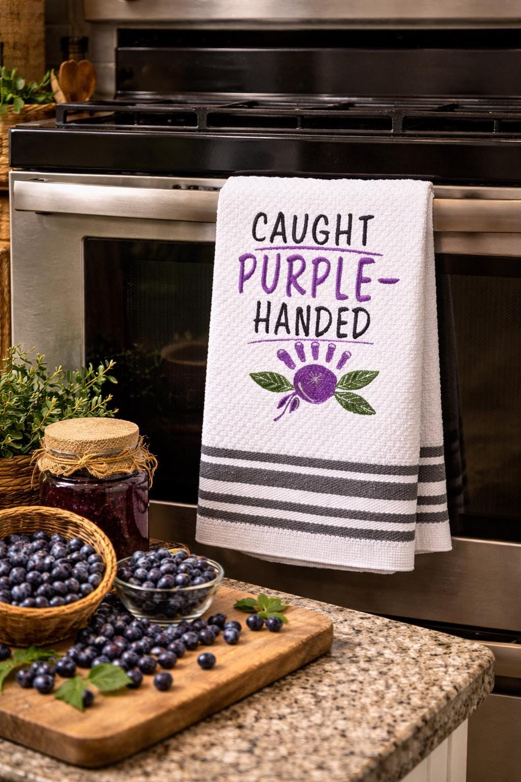Caught Purple-Handed Huckleberry Kitchen Towel  Huckleberry Gift