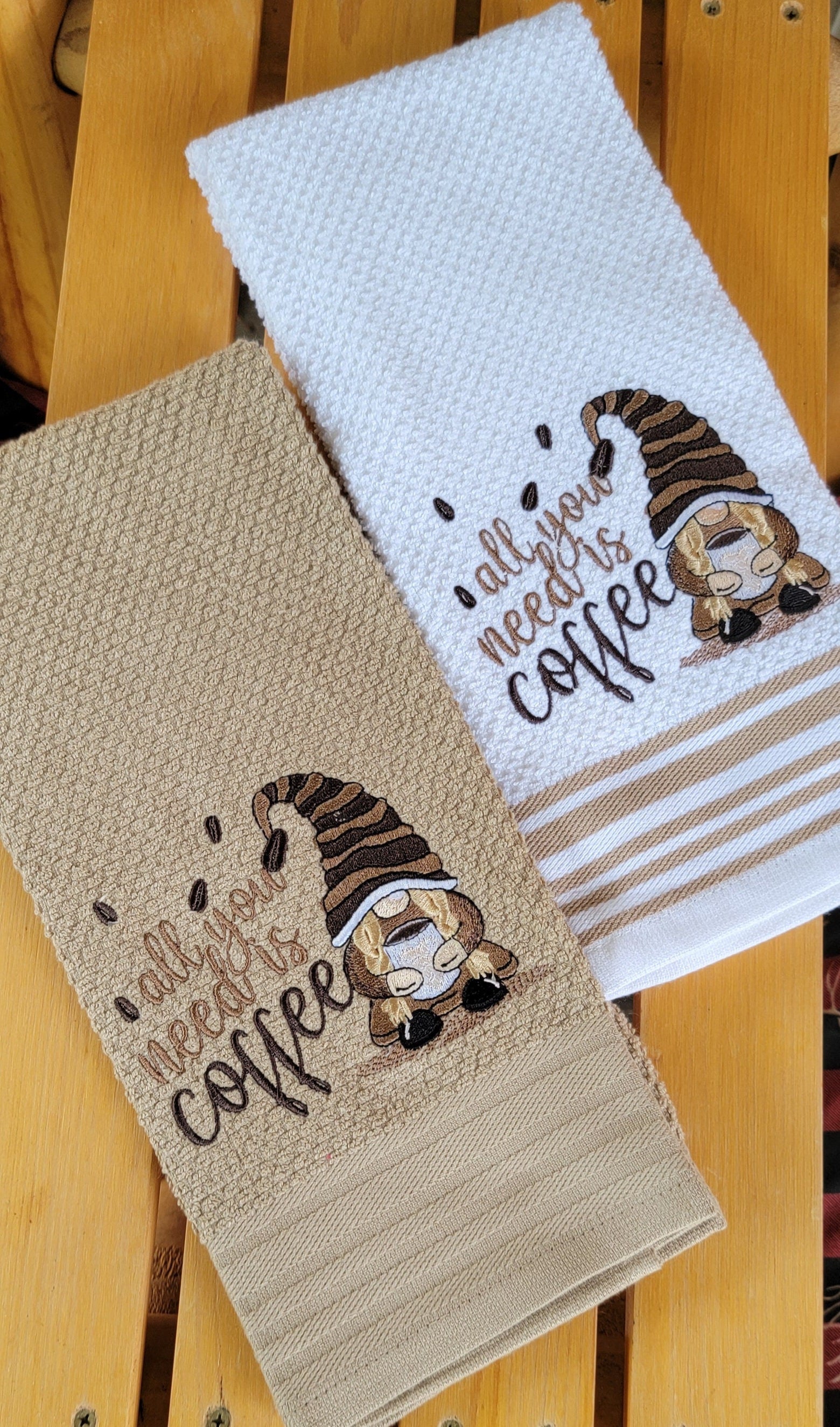 Coffee Gnomes Kitchen Towel: Embroidered Cotton Hand Towel