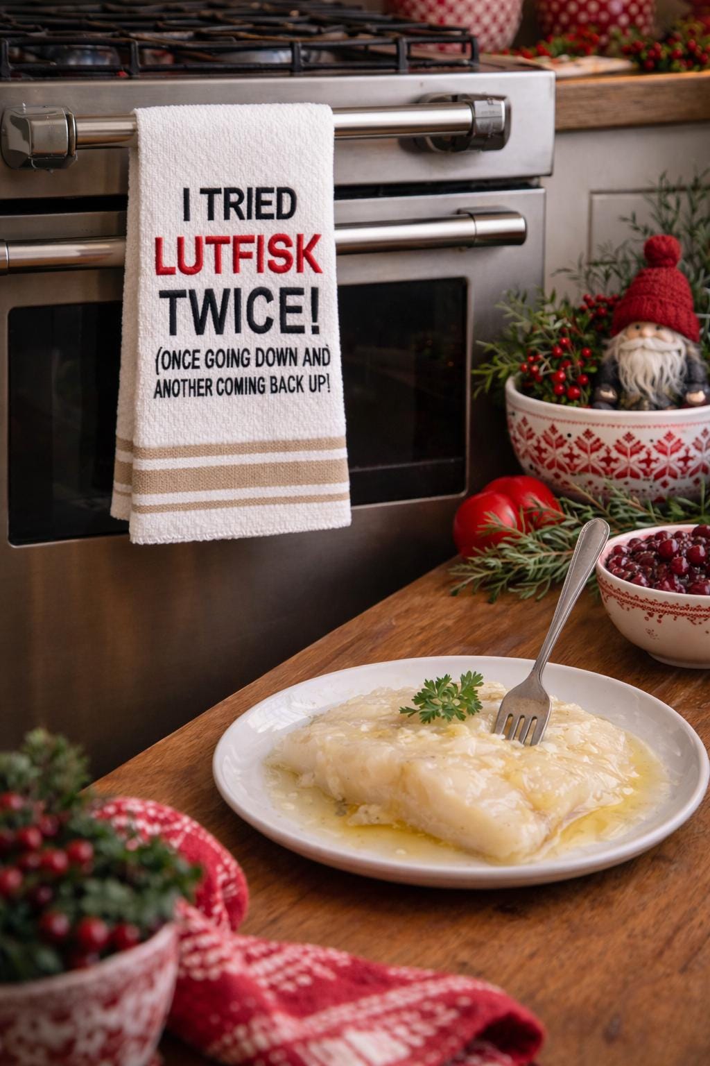 I Tried Lutefisk Twice Kitchen Towel