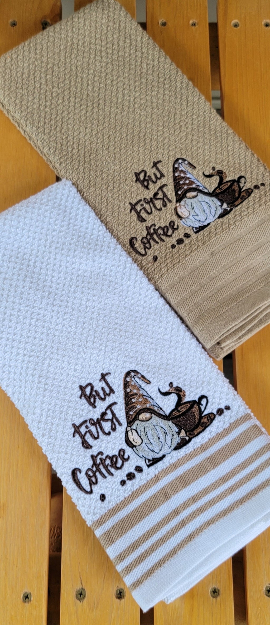 Coffee Gnomes Kitchen Towel: Embroidered Cotton Hand Towel