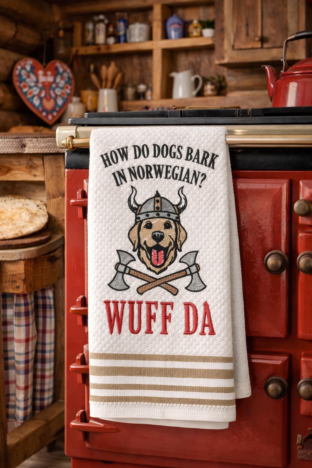 How Do Dogs Bark in Norwegian? WUFF DA!” Embroidered Kitchen Towel