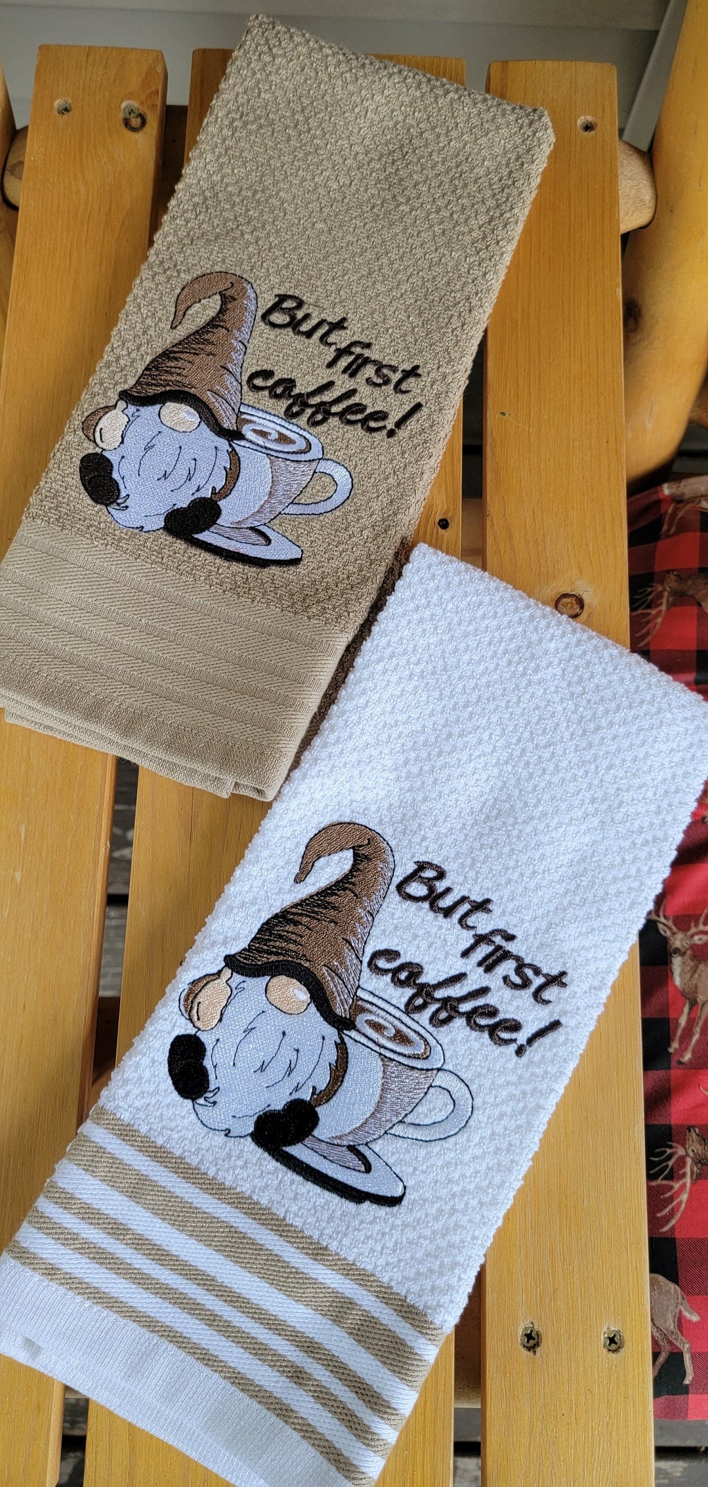 Coffee Gnomes Kitchen Towel: Embroidered Cotton Hand Towel