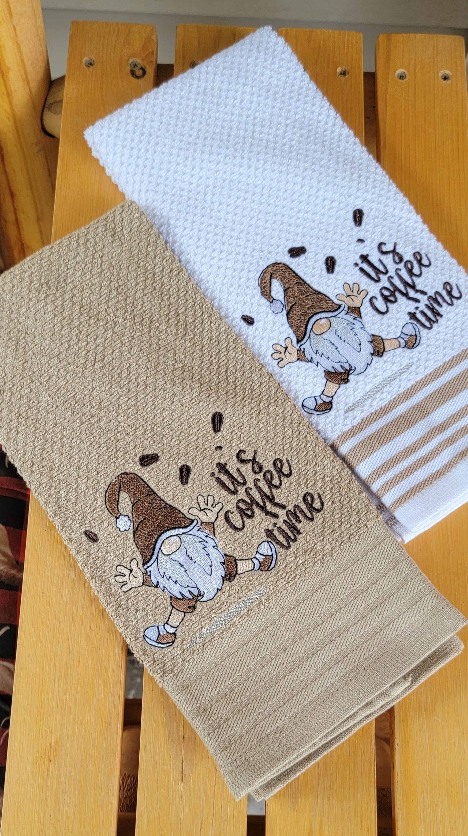 Coffee Gnomes Kitchen Towel: Embroidered Cotton Hand Towel