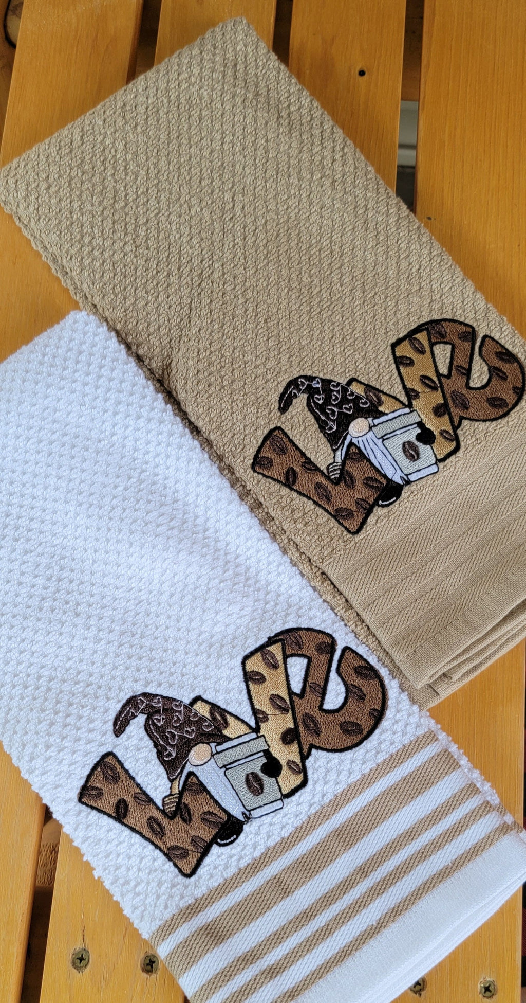 Coffee Gnomes Kitchen Towel: Embroidered Cotton Hand Towel