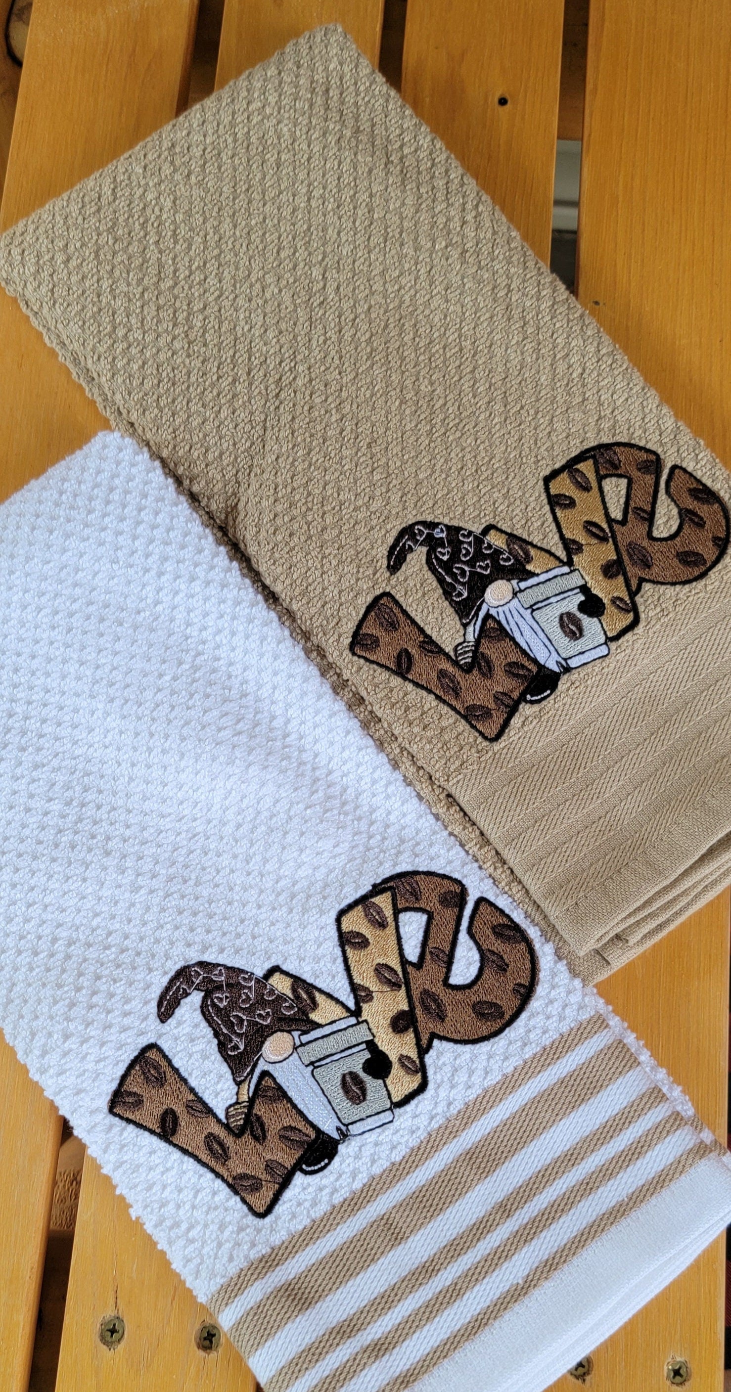 Coffee Gnomes Kitchen Towel: Embroidered Cotton Hand Towel