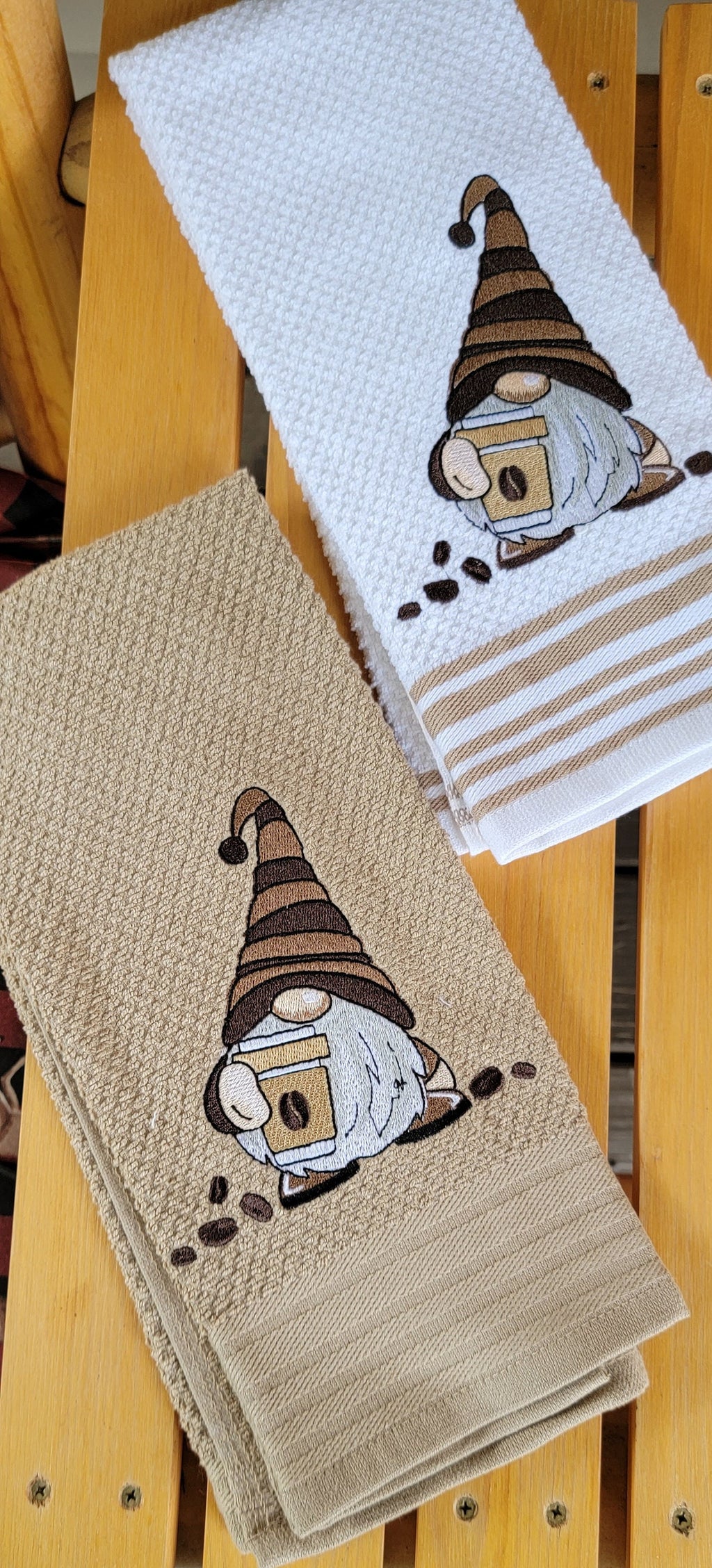 Coffee Gnomes Kitchen Towel: Embroidered Cotton Hand Towel