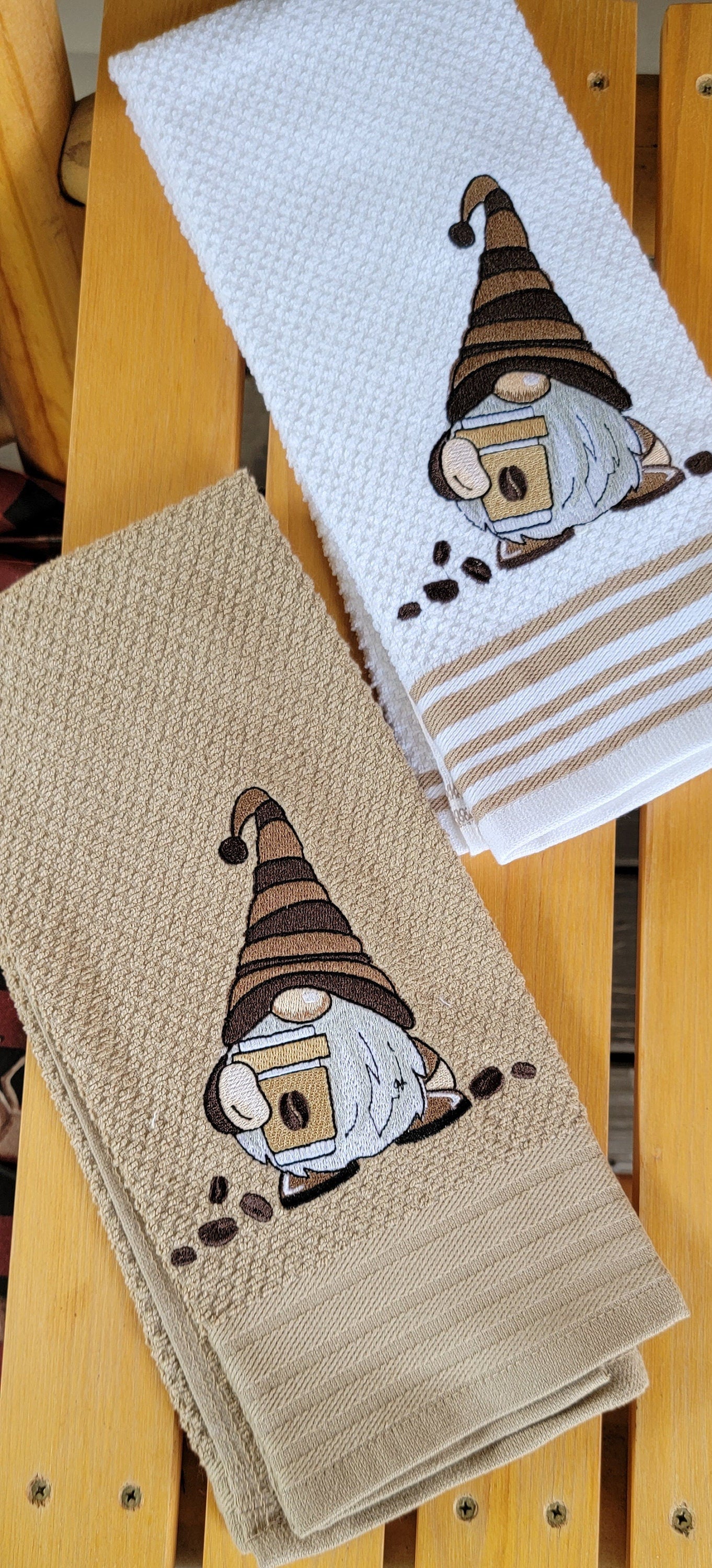 Coffee Gnomes Kitchen Towel: Embroidered Cotton Hand Towel
