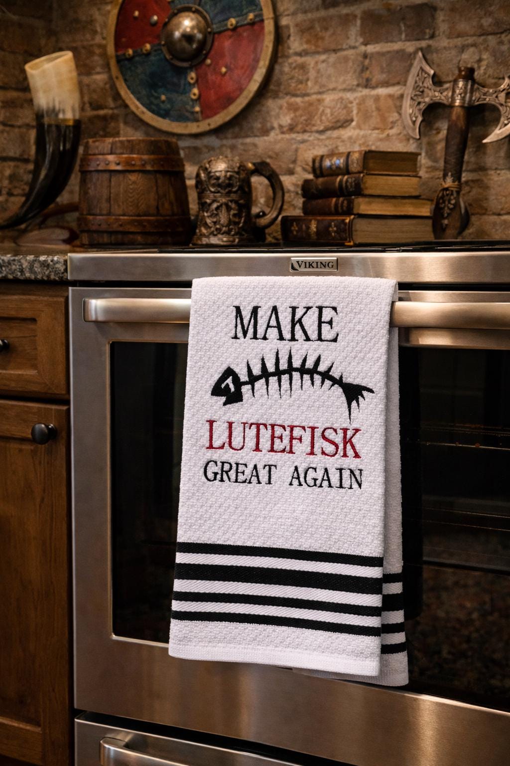 Embroidered Lutefisk Kitchen Towel – Scandinavian Nordic Humor Decor