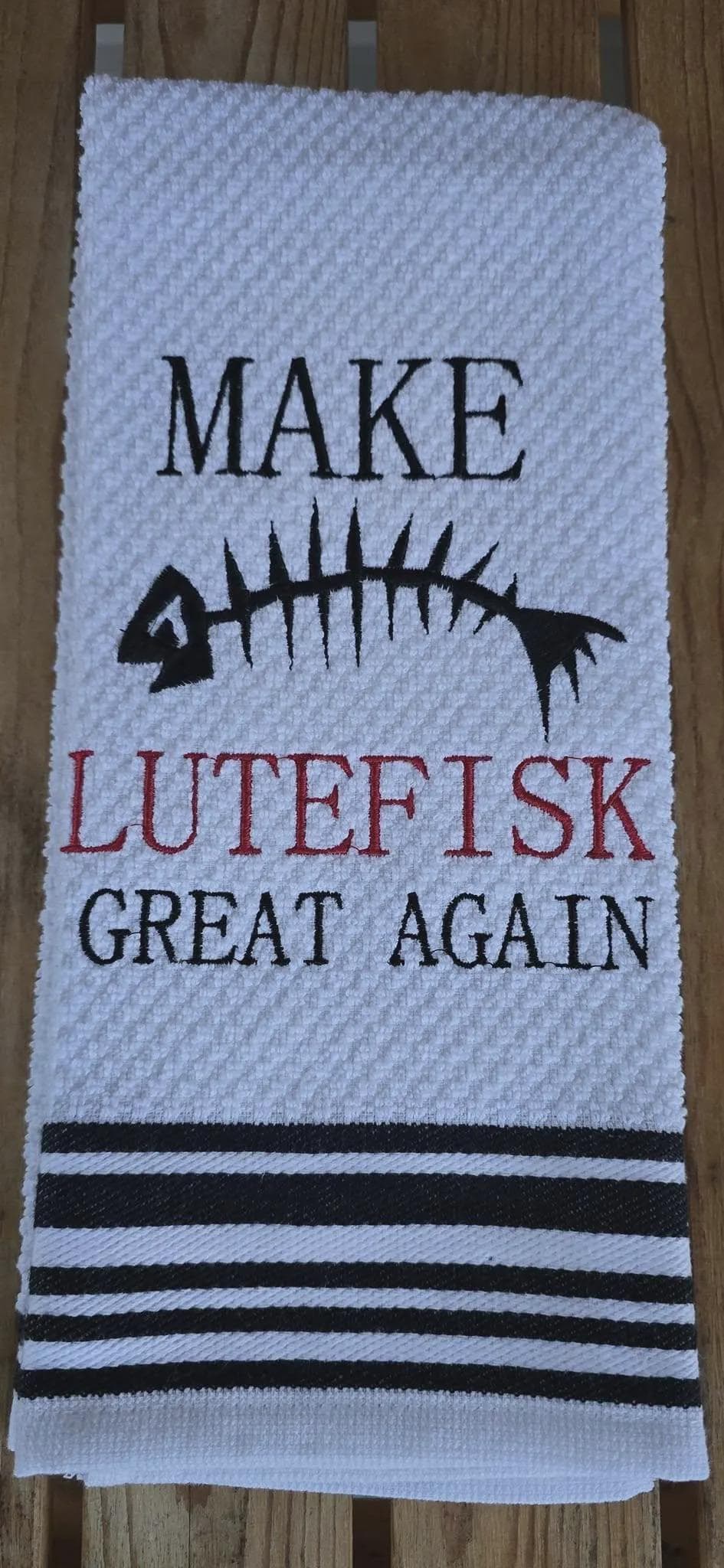 Embroidered Lutefisk Kitchen Towel – Scandinavian Nordic Humor Decor