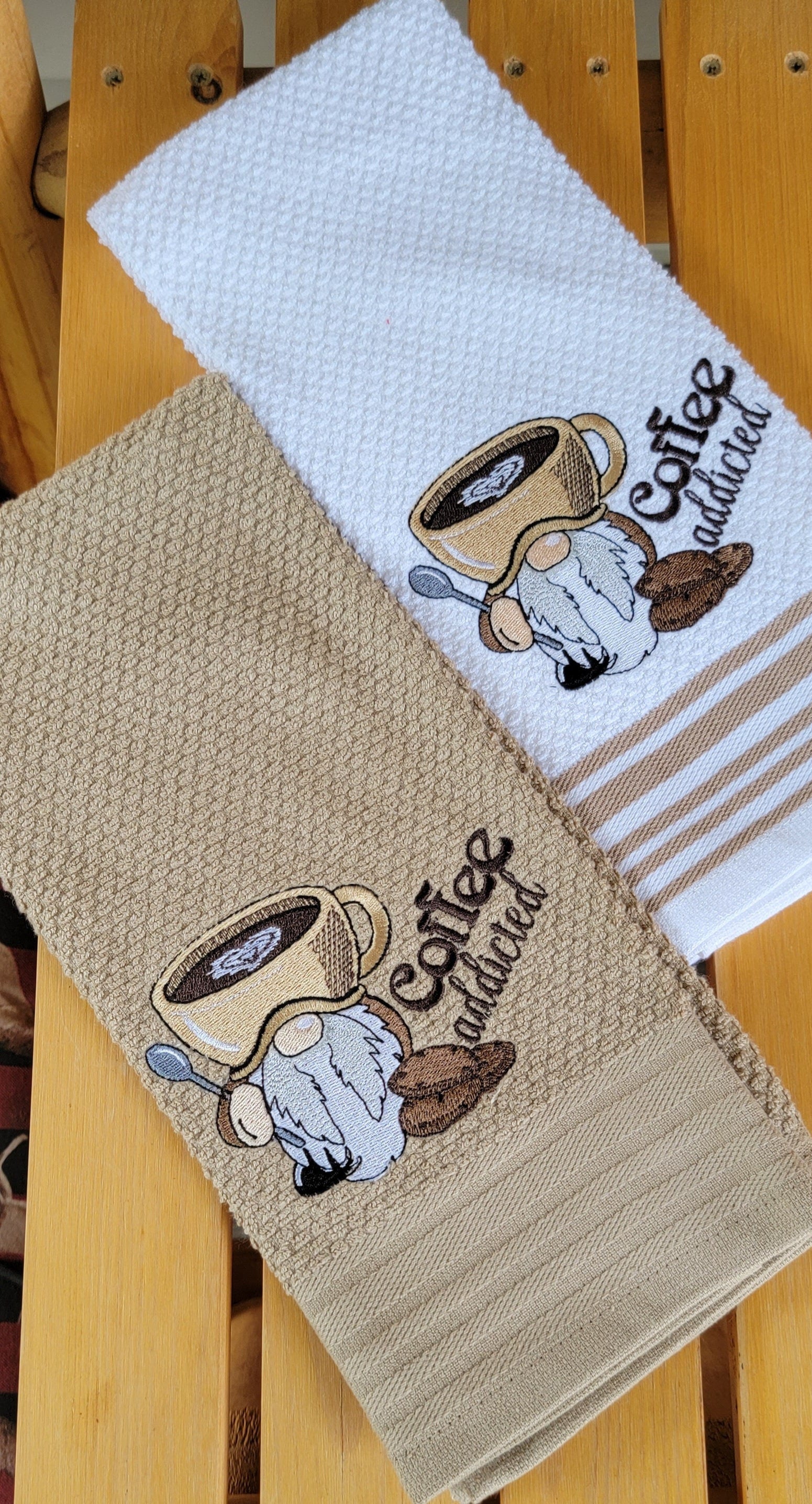 Coffee Gnomes Kitchen Towel: Embroidered Cotton Hand Towel