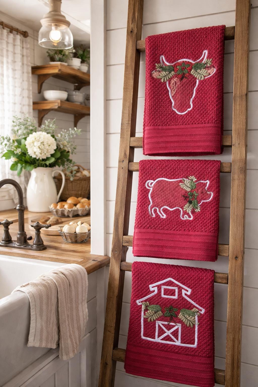 Holiday Farm Animal Embroidered Kitchen Towels