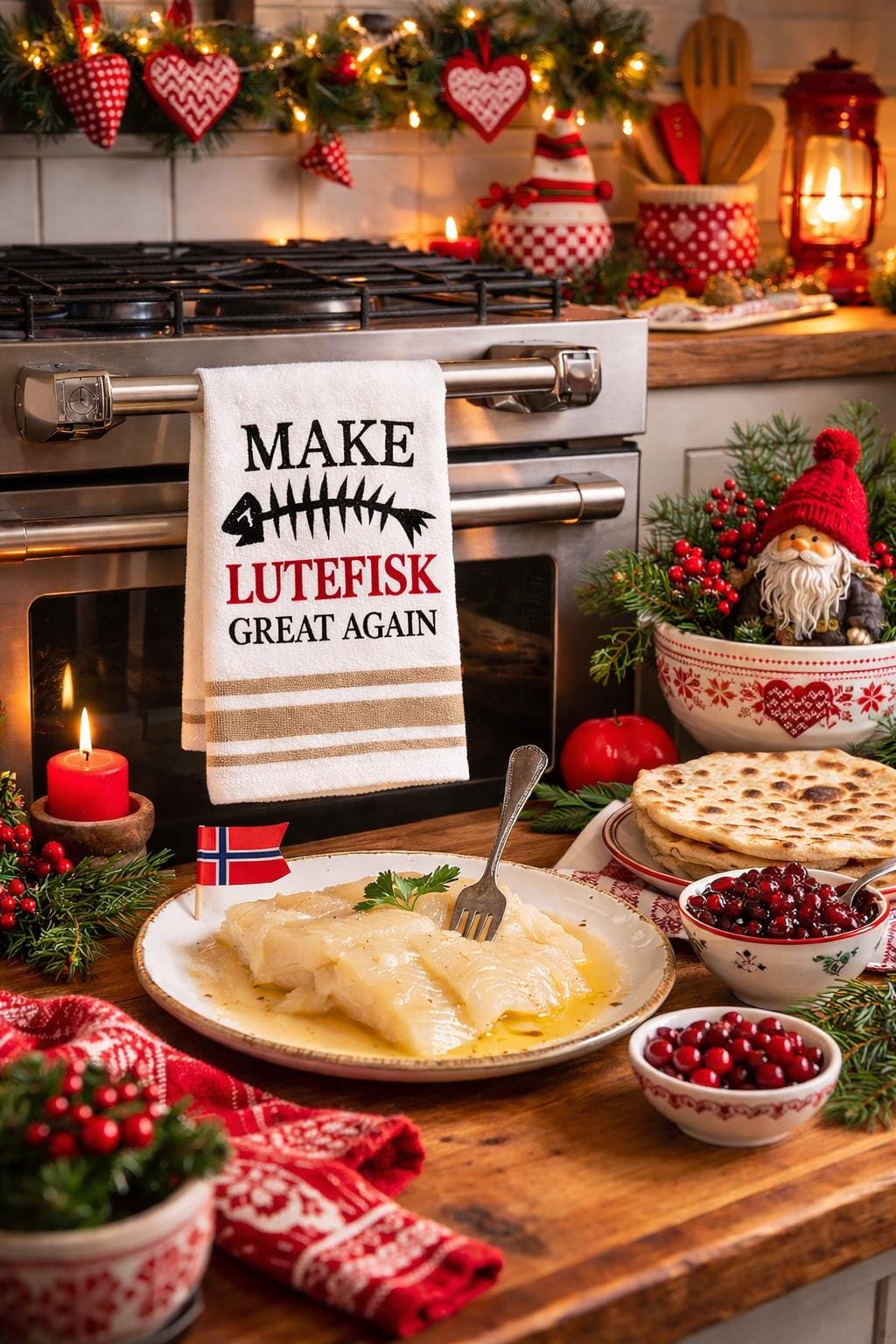 Embroidered Lutefisk Kitchen Towel – Scandinavian Nordic Humor Decor