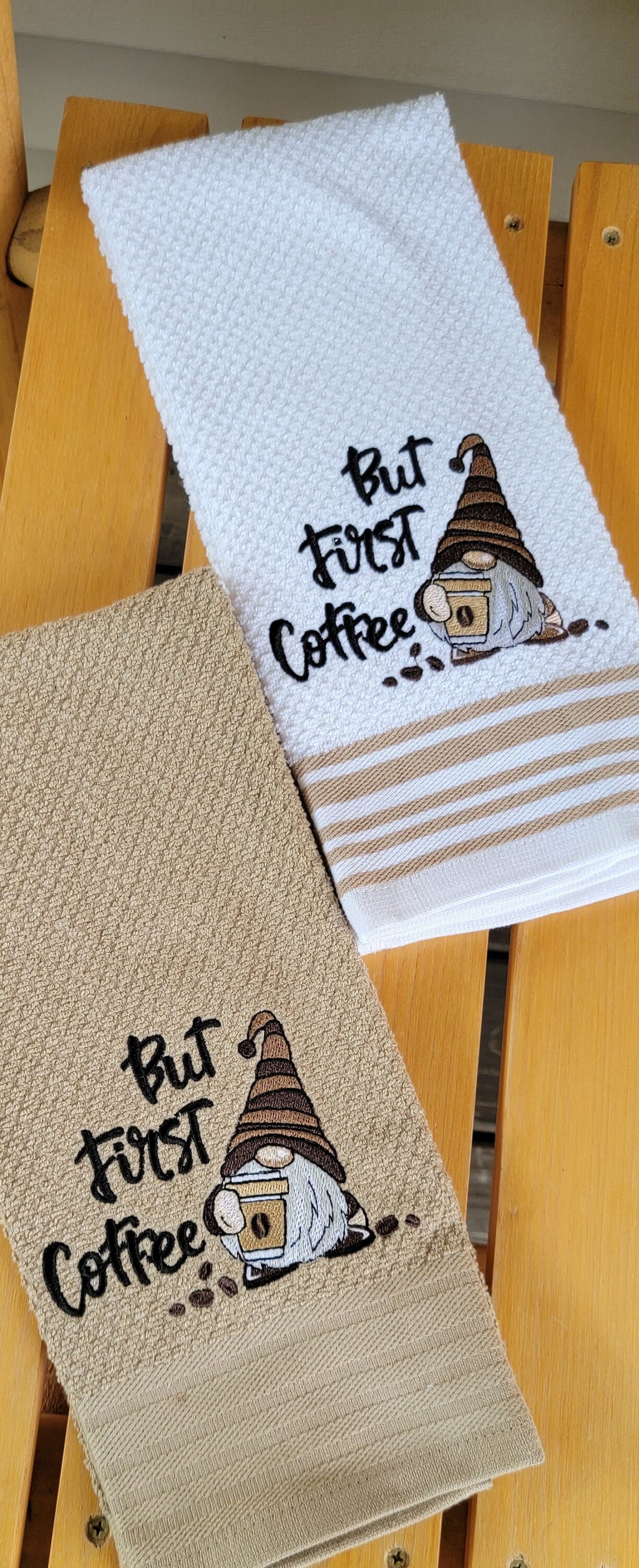 Coffee Gnomes Kitchen Towel: Embroidered Cotton Hand Towel